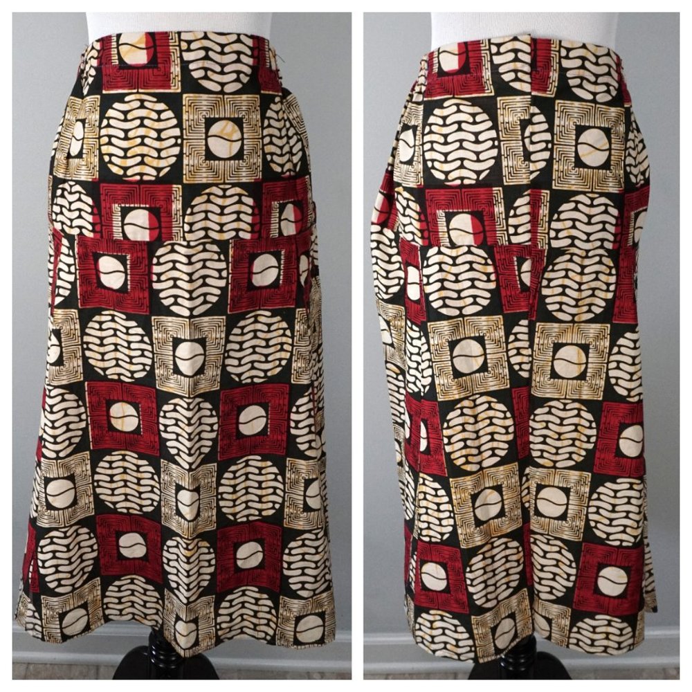 Handmade African Red Black Yellow Long A-Line Full Skirt Size Large